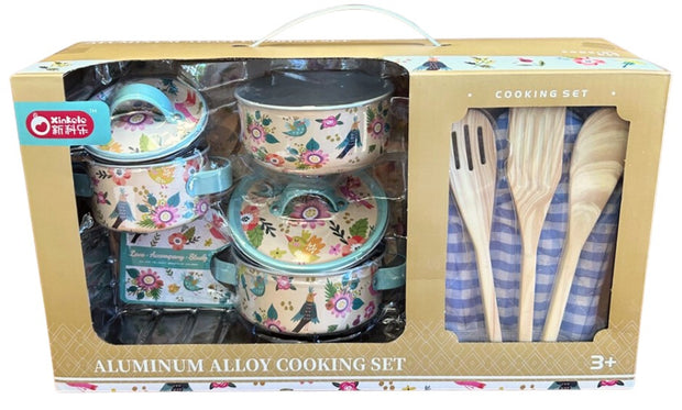 Floral Print Tinplate Cooking Set with Wooden Utensils