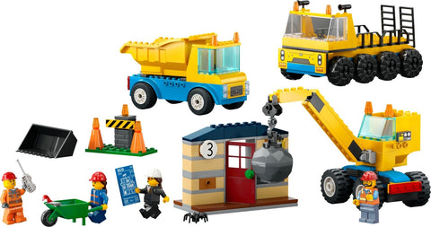 City Construction Trucks and Wrecking Ball Crane