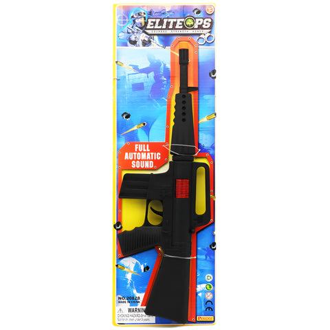 Toy gun with 'Elite Ops' branding on a colorful packaging background
