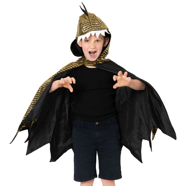 Child wearing a dragon costume with a black cape and gold accents on a white background
