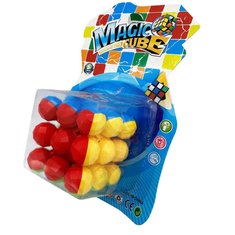 Colorful packaging of a Magic Cube toy with red and yellow elements on a white background
