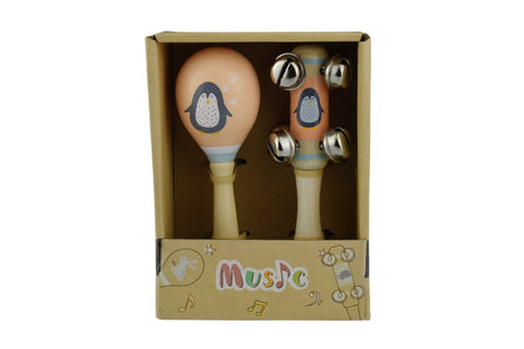 Wooden Maraca & Bell Stick Set - Penguin Orange