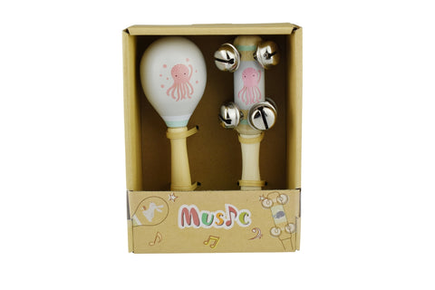 Wooden Maraca & Bell Stick Set - Octopus Grey