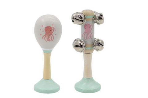 Wooden Maraca & Bell Stick Set - Octopus Grey