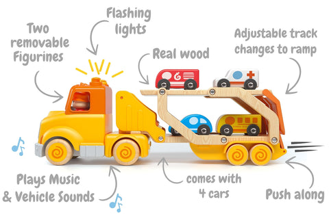 Wooden Car Carrier with Lights and Sounds