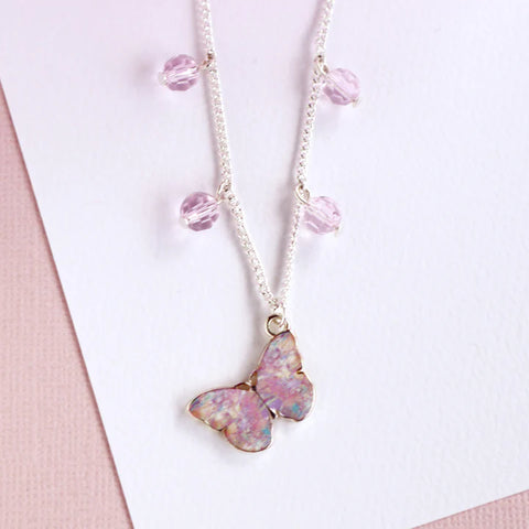 Silver Plated Necklace with Pink Butterfly charm and beads