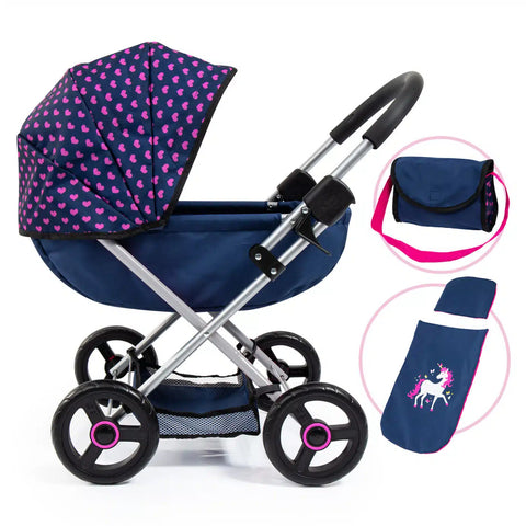 Cosy Doll Pram Navy and Pink Hearts
