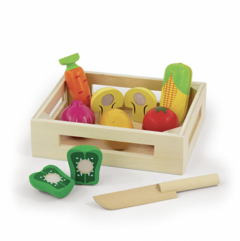 Wooden Crate of Vegetables with Knife