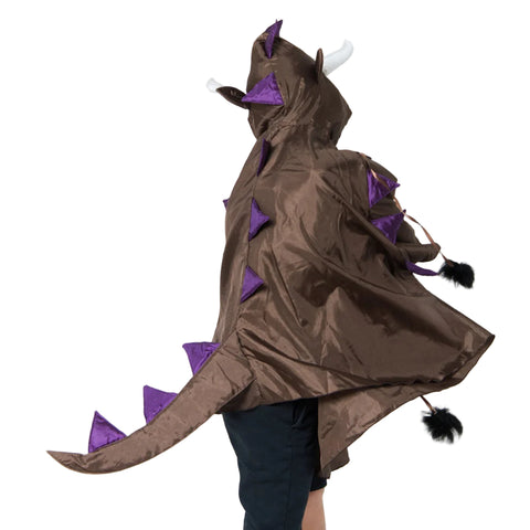 Brown gruffalo costume with purple spikes on a white background