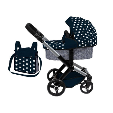 Xeo Dark Blue Doll Pram - White Stars