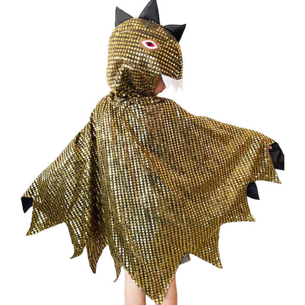 Gold sequin dragon costume with black accents on a white background
