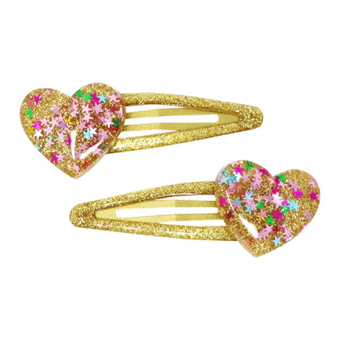 Glitter Resin Hearts Snap Clip Pink/Gold