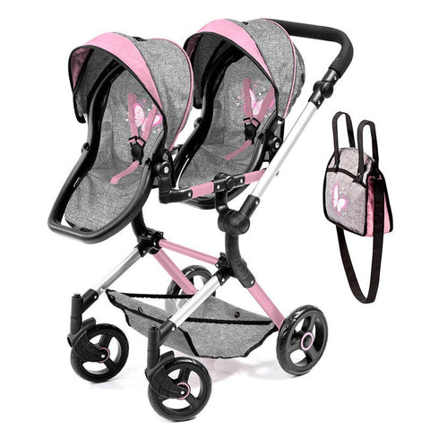 Twin Neo Doll Pram - Grey & Pink with Butterflies