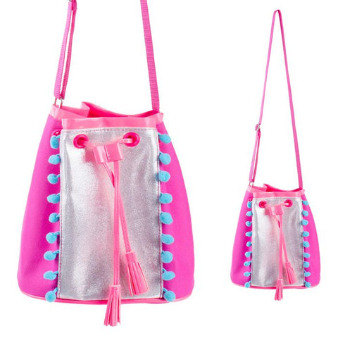 Pom Pom Drawstring satchel - hot pink